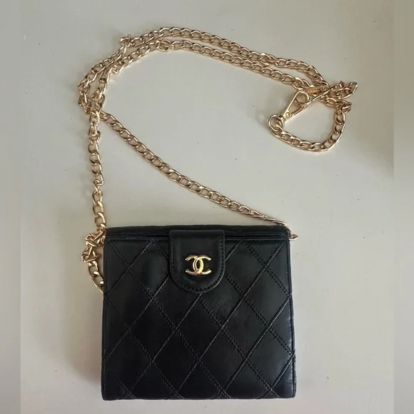 Authentic CHANEL Black Quilted Vintage Leather Wallet & Coin Purse on Chain - Picture 6 of 7